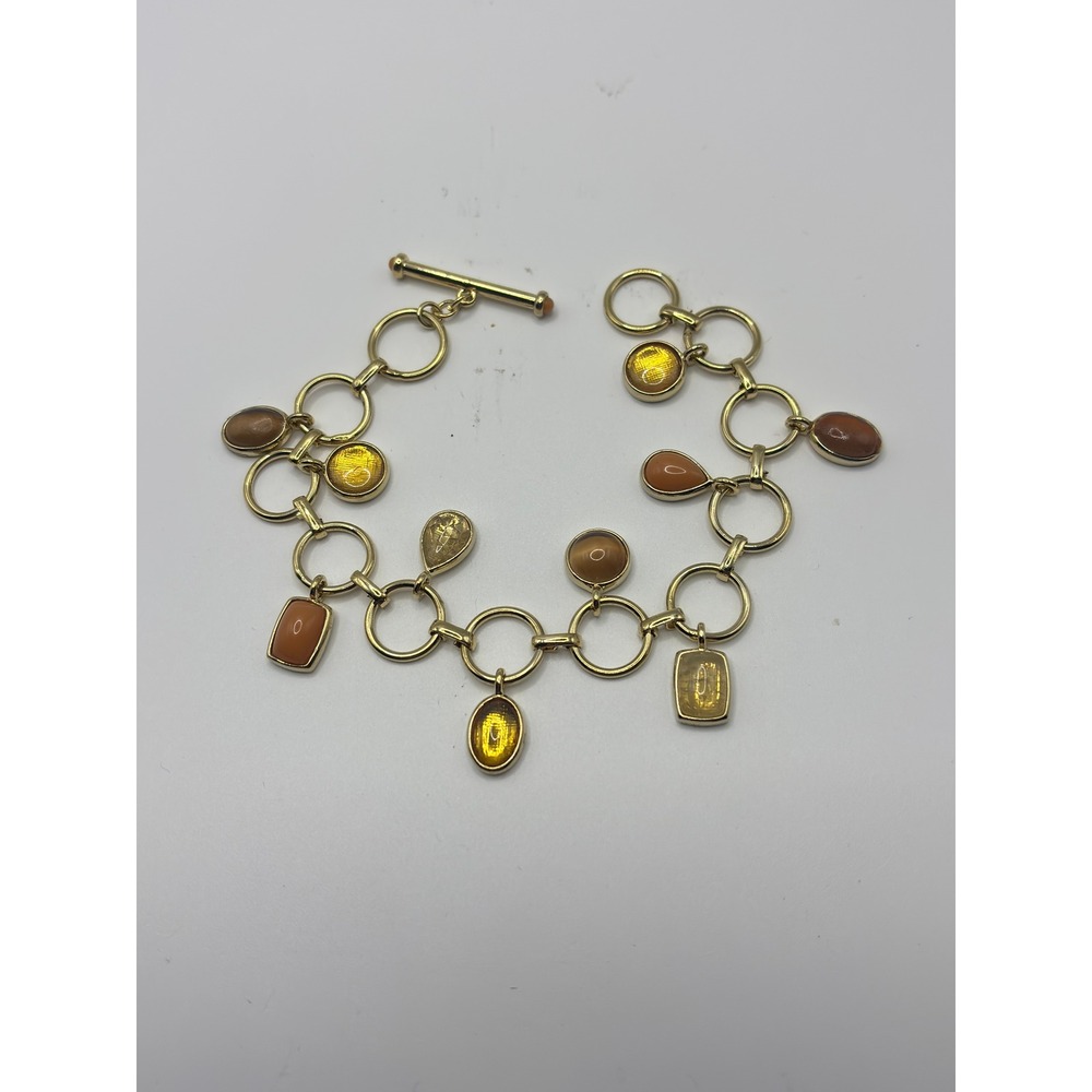 Trifari Gold Tone Amber Earth Tone Cabochon Charm Link Toggle Bracelet 8 Inch
